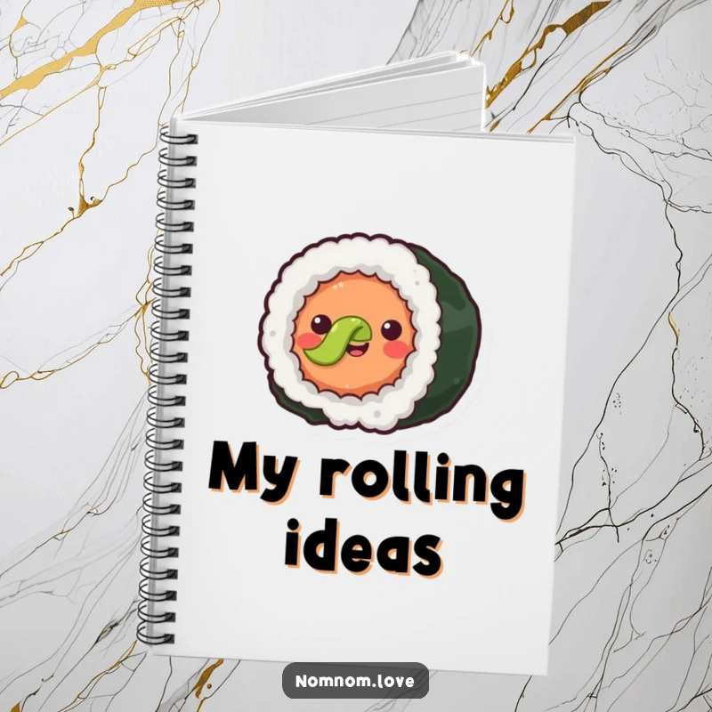 Funny joyful sushi roll with simple eyes rolling forward happily. This notebook is perfect for jotting notes with a side of sushi fun.