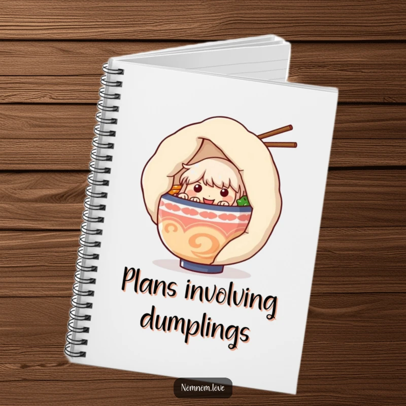 Funny ramen bowl character peeking from behind a big dumpling on a notebook cover, inspiring creativity and laughter for note-taking.