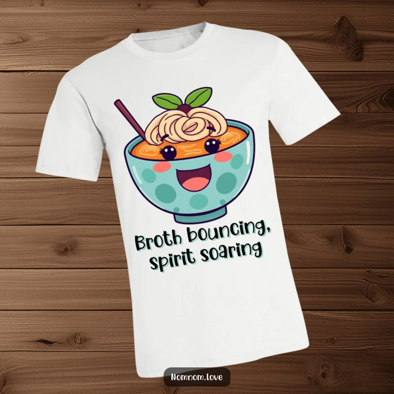 Funny ramen t-shirt featuring a cheerful ramen bowl character bouncing with excitement, a must-have for foodies.