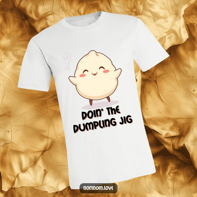 Funny Dumpling T-Shirt: A smiling dumpling with tiny legs happily jigs, steam rising, a humorous and cute food t-shirt.