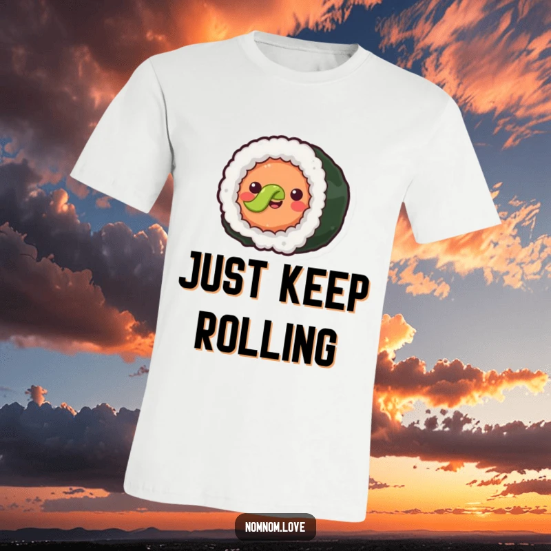 Funny joyful sushi roll with simple eyes rolling forward happily. This t-shirt design is packed with delicious fun and personality.