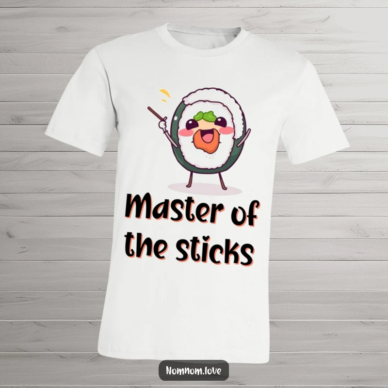 Funny sushi roll t-shirt, cheerfully juggling tiny chopsticks, depicting a happy, food-loving character with playful energy.