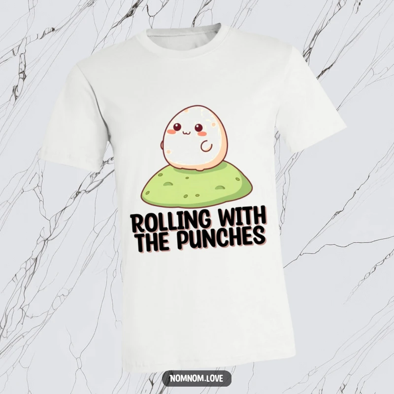 Funny Mochi T-Shirt showing a joyful mochi character happily tumbling down a gentle slope.