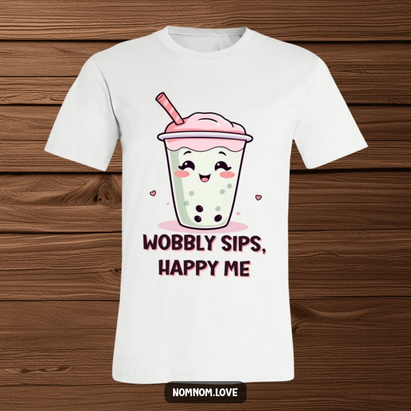 Funny boba tea t-shirt showcasing a giggling, wiggling boba cup character, a must-have for bubble tea enthusiasts.