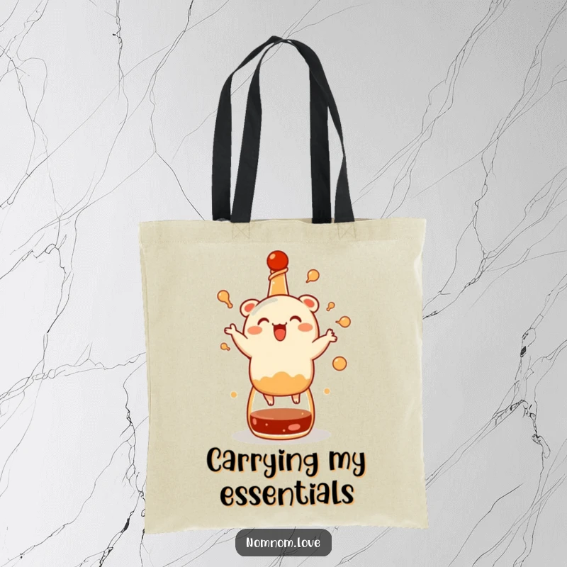 Funny bao bun tote bag, joyfully dancing on a soy sauce bottle, a humorous and practical accessory for any foodie.