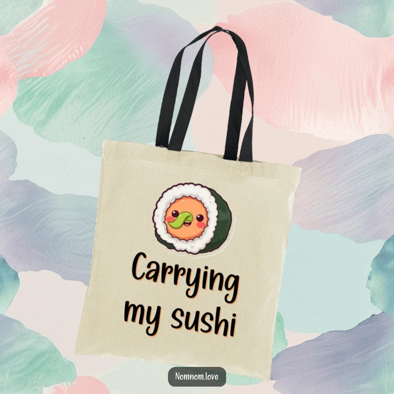 Funny joyful sushi roll with simple eyes happily rolling forward. This tote bag is perfect for carrying your essentials with sushi style.