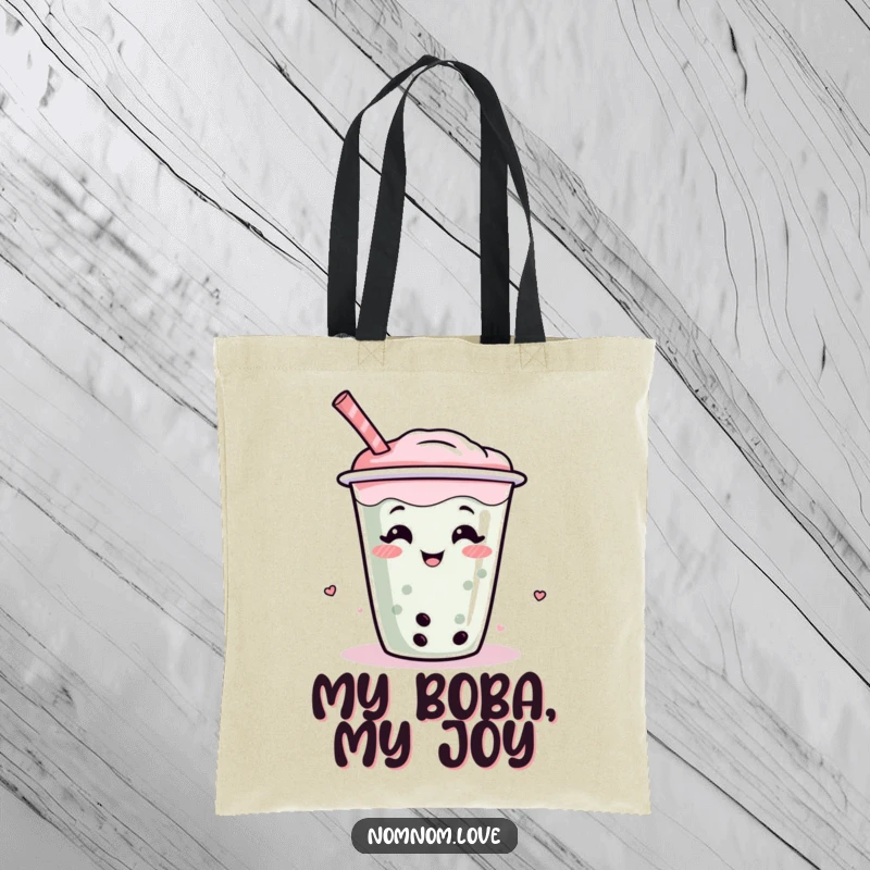 Funny boba tea tote bag with a giggling, wiggling boba cup character, ideal for shopping and daily errands.