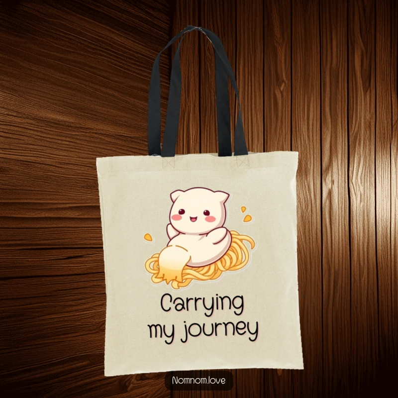 Funny dumpling tote bag, smiling and sliding down a noodle strand, a humorous and practical accessory for any foodie.