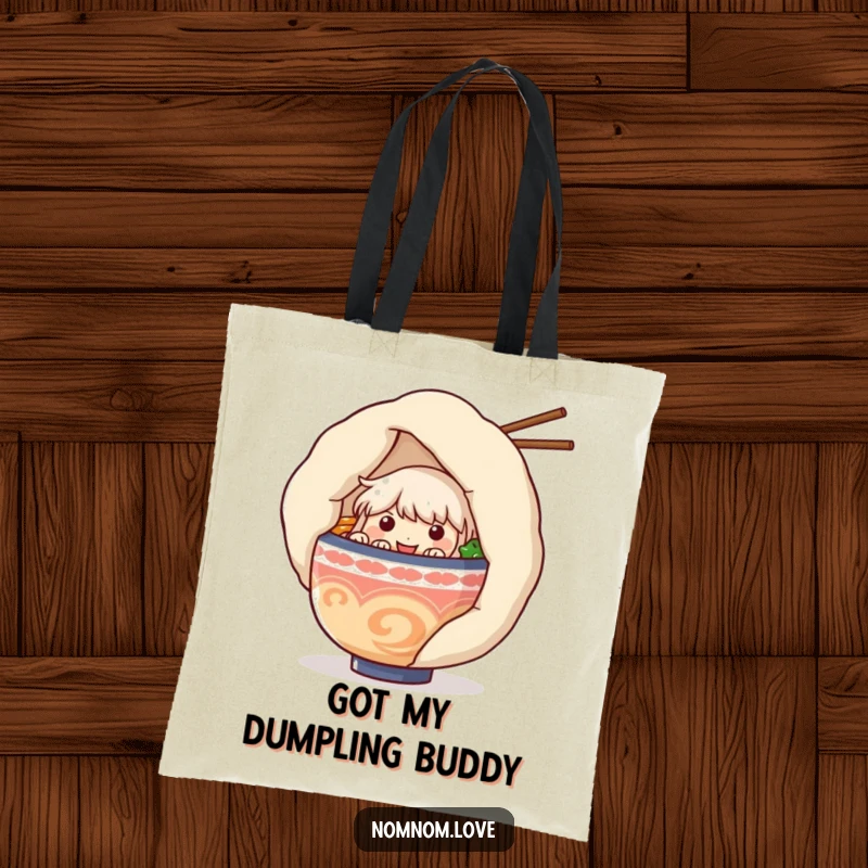 Funny ramen bowl character peeking from behind a large dumpling on a durable tote bag, ideal for carrying groceries with a smile.