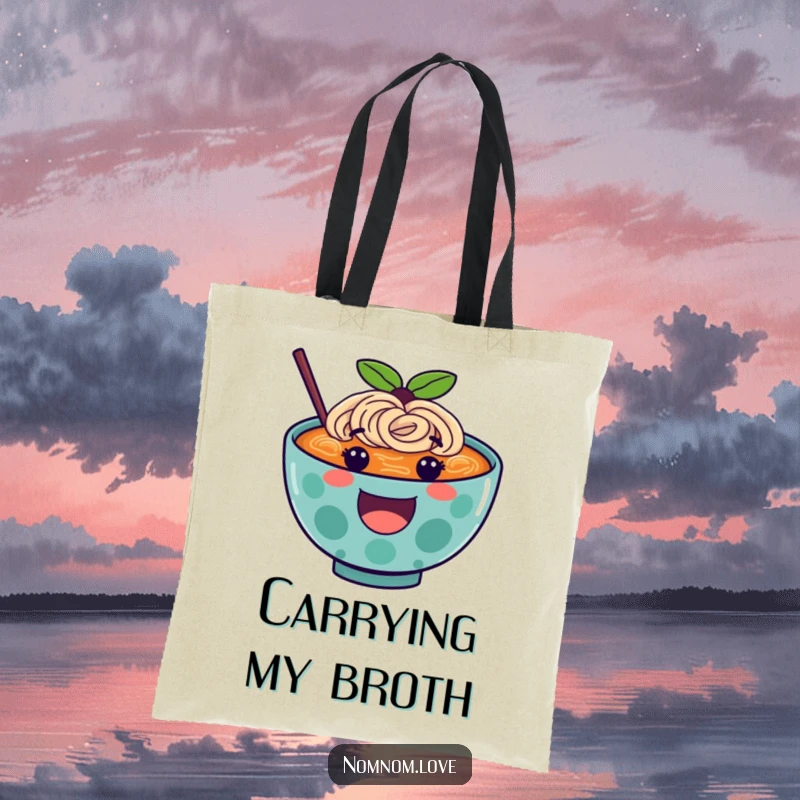 Funny ramen tote bag with a smiling ramen bowl character bouncing energetically, ideal for groceries and daily use.